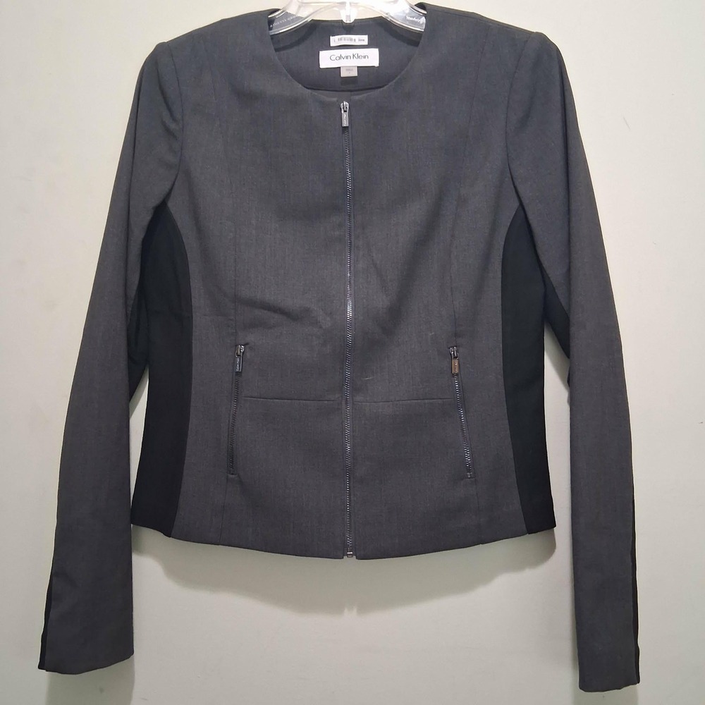 Calvin Klein Womens Grey Black Colorblock Zip Front Collarless Blazer Jacket 6